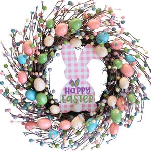 18 inch Easter Eggs Wreath for Front Door, Wall, Window, Fireplace, Artificial Easter Hanging Wreath with Plastic Foam Eggs, Grapevine, Plastic Berries, Multicolored