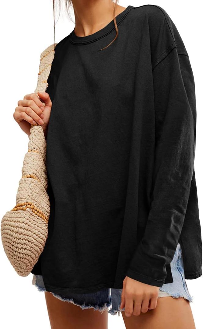 Womens Oversized Long Sleeve Shirts Crew Neck Casual Tops Loose Fit Side Slit Fall Tees (Medium, Black)