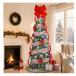 Uspring 6 FT Pop Up Christmas Tree with Lights, Artificial Collapsible Christmas Tree with Remote Control & 200 Colorful LED Lights, Pre Decorated Surround Ribbon, Ball Ornaments, Holiday Party Decor