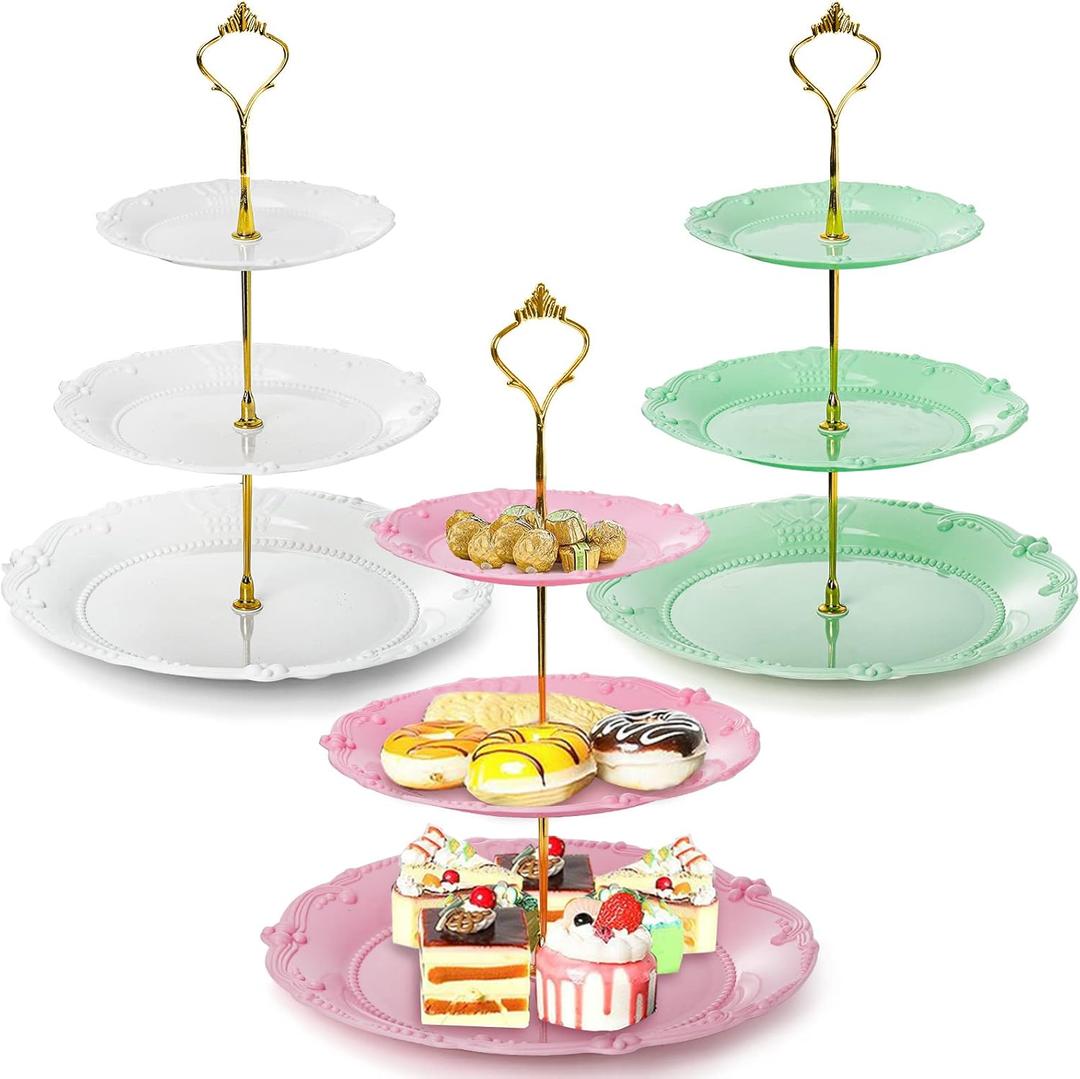 Fasmov 3 Pack 3 Tier Plastic Cupcake Stand, Dessert Plates Cake Fruit Candy Display Tower Reusable Pastry Platter for Wedding Birthday Baby Shower Tea Party Decorations - White Pink Green