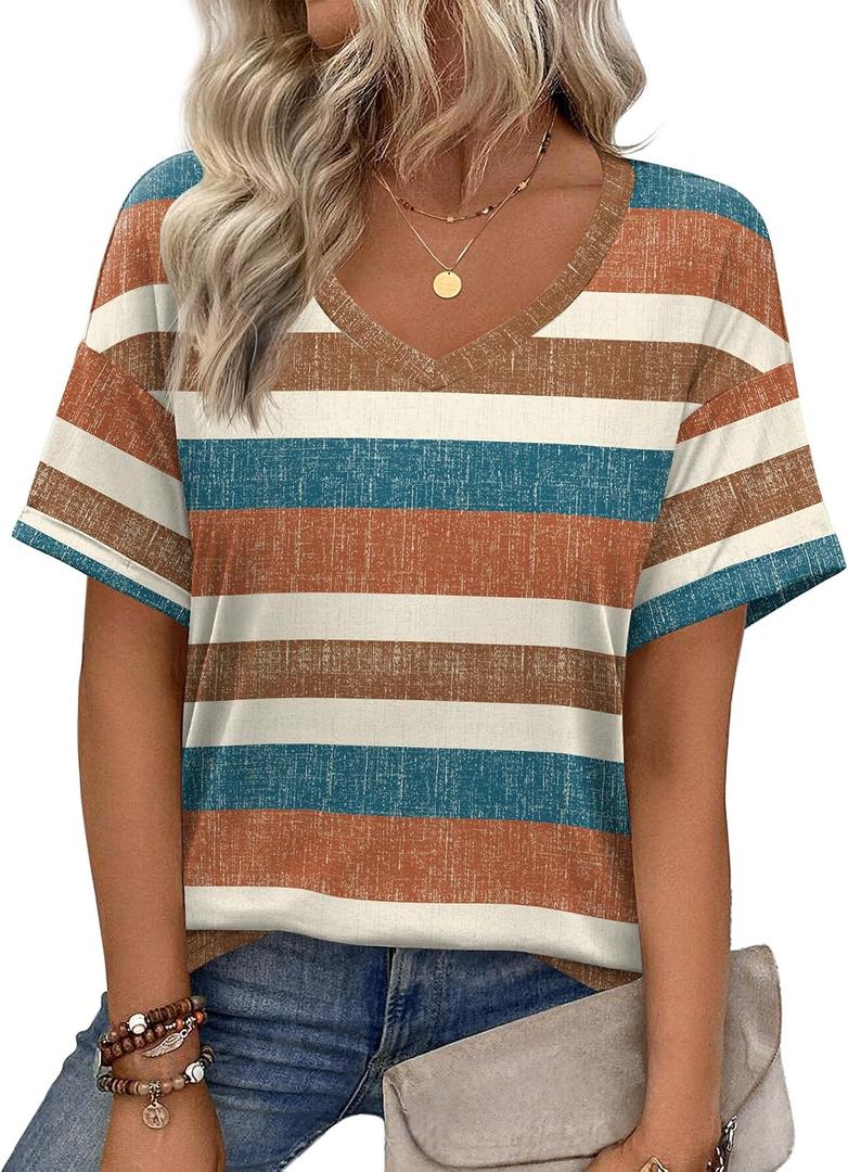 Zeagoo Womens Summer Tops Short Sleeve Casual Shirts Floral Tee Trendy 2026 Basics V Neck Plain Tshirt (M)