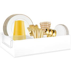 Paper Plate Dispenser Holders Utensil Caddy for Countertop,Outdoor Silverware Caddy, Picnic and Camping Utensil Holder, Flatware Organize with Handle for Party Gatherings, Metal (White)