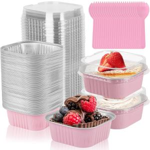 60 Pack 10oz Mini Cake Pans with Lids, 4.4x4.4 Inch Aluminum Foil Square Baking Cups with Spoons, Disposable Large Baking Cake Cup Containers with Lids for Party, Wedding, Birthdays, Pink