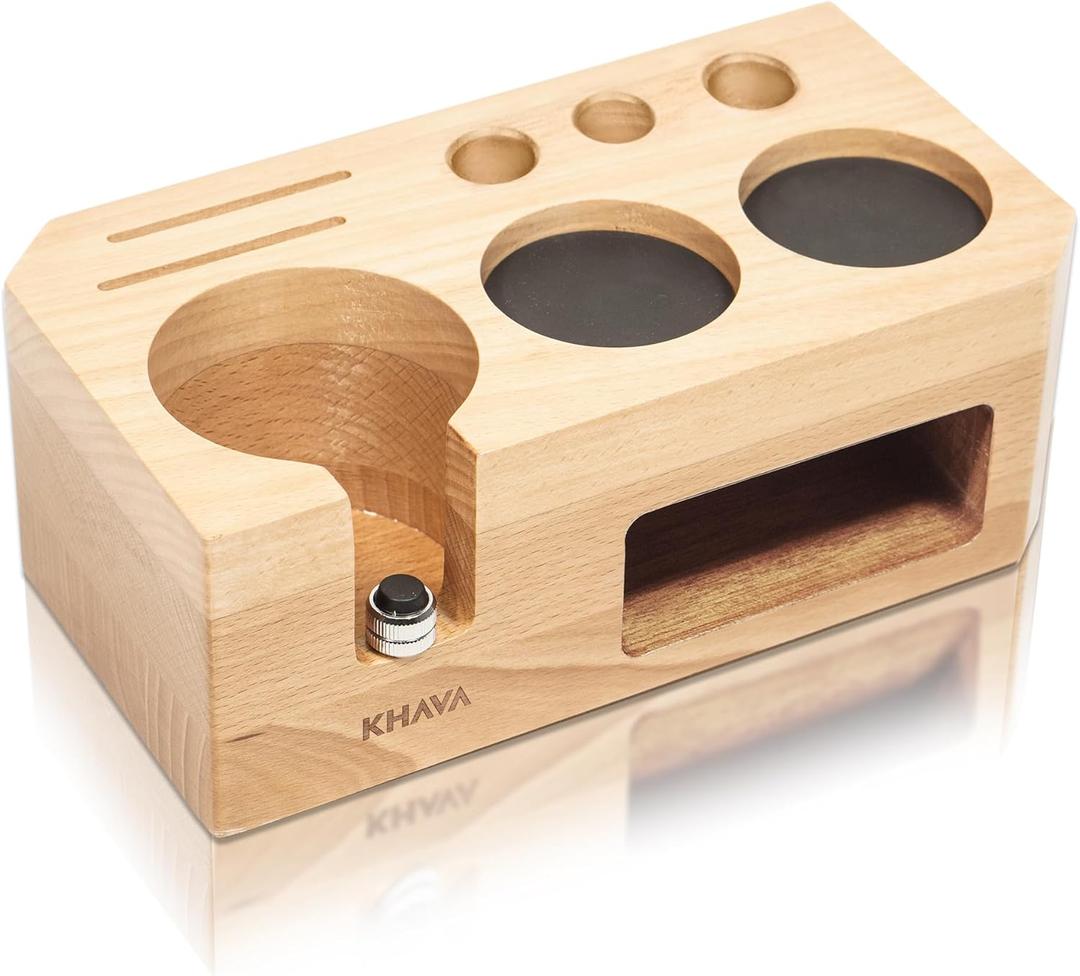 KHAVA Espresso Tamping Station | Wooden Coffee Tamper Station 5154 mm | Espresso Organizer Portafilter Holder | Coffee Station Organizer for Countertop | Espresso Accessories for Coffee Bar, Natural