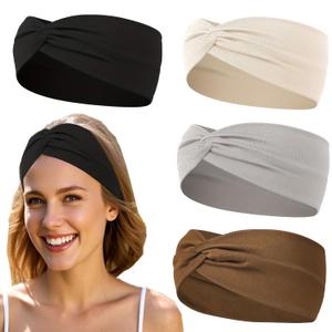 Hjiaruiky 4PCS Thick Headbands for Women Knotted Headband Wide Cloth Fabric Cute Stretchy Soft Twist Headbands Womens Fashion Head Bands for Women's Hair Accessories Black Grey