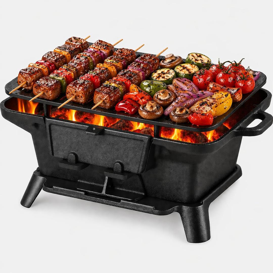 Hibachi Grill Outdoor, Portable Mini Charcoal Grill, Pre-Seasoned Cast Iron, Small Japanese Yakitori Tabletop Skillet Grill Stove for Outdoor Camping