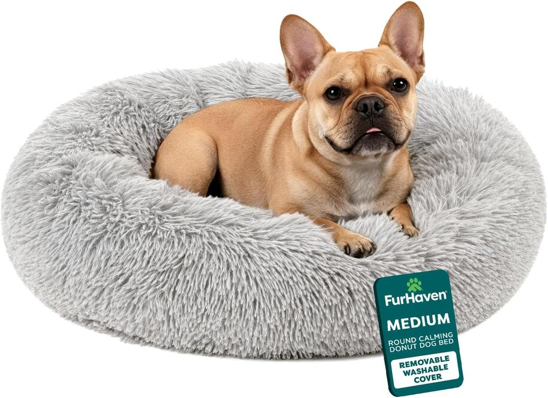 Furhaven 30" Round Calming Donut Dog Bed for Medium/Small Dogs, Refillable w/ Removable Washable Cover, Up to 45 lbs - Shaggy Plush Long Faux Fur Donut Bed -Mist Gray, Medium,30.0"L x 30.0"W x 10.0"Th