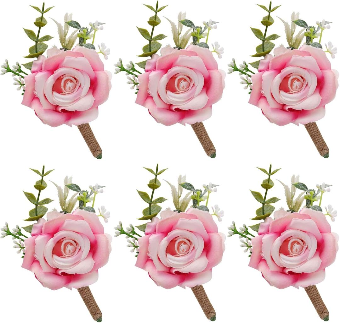 Pink Rose Boutonniere for Men Wedding Set of 6 Groom Groomsmen Best Man Artificial Flowers Boutonniere for Wedding Ceremony Anniversary Prom Flowers Formal Dinner Party (6, Gradient Pink, Middle)