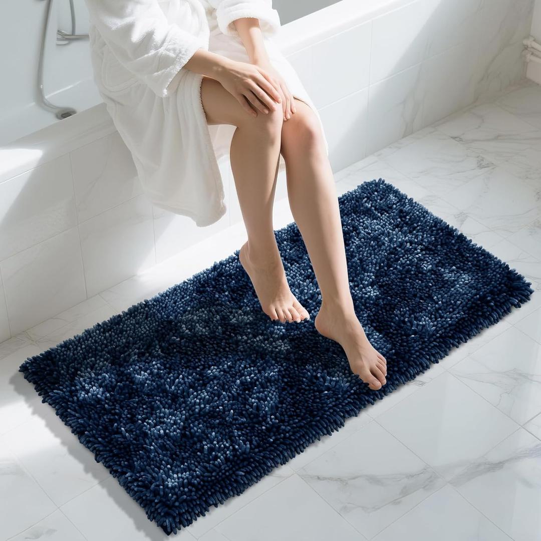 Yimobra Long Bathroom Rug Non Slip 44x24 Inch, Extra Thick Soft Absorbent Chenille Bath Mat, Machine Washable Quick Dry Bath Rugs for Bathroom Floor, Tub and Shower, Home Decor Accessories, Navy Blue