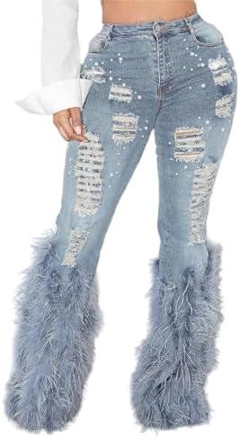 Tbahhir Women's Skinny Ripped Jeans Pearl Distressed Stretchy High Waisted Tassels Slim Fit Denim Pants Y2K Streetwear Size L