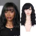 WIGNEE 100% Virgin Human Hair Loose Deep Wave Wigs with Bangs Brazilian Human Hair Wave Wig for Women Natural Black (14 Inch)