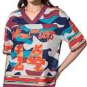 RoseSeek Jersey Shirts for Women Number Graphic Print Mesh Color Block V Neck Short Sleeve Football Jerseys T-Shirt, S