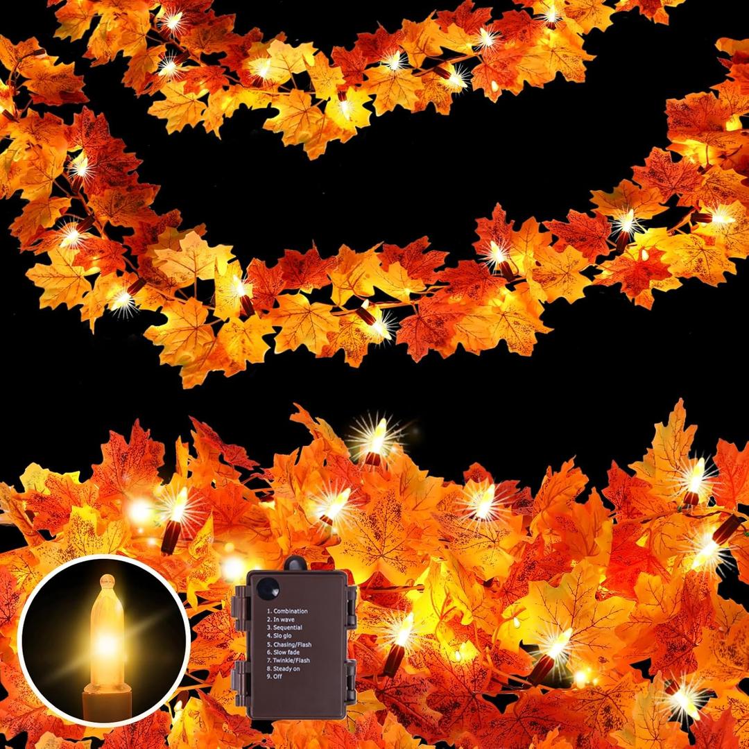 Fall Garland with Lights Battery Operated,10FT 50 Orange Bulbs Lighted Fall Leaves Garland,Fall Decorations for Home Thanksgiving,Mantel,Fireplace,Porch,Halloween,Table Decor Indoor Outdoor(1 Pack)