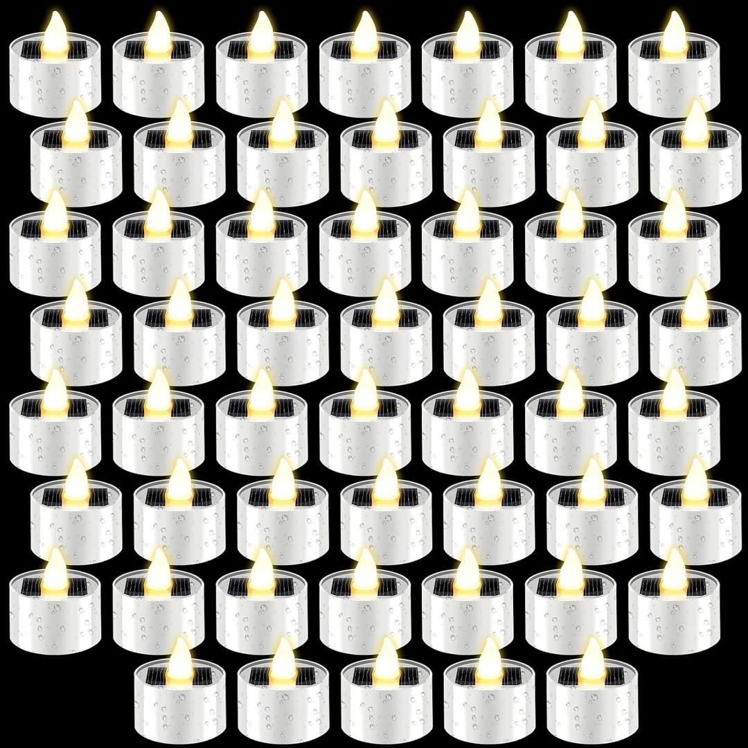 54 Pcs Solar Tea Lights Bulk Outdoor Waterproof Rechargeable Dusk to Dawn Lighting Small Valentine's Day Flameless Flickering LED Votive Candles for Garden Patio Party Lanterns (Warm White)