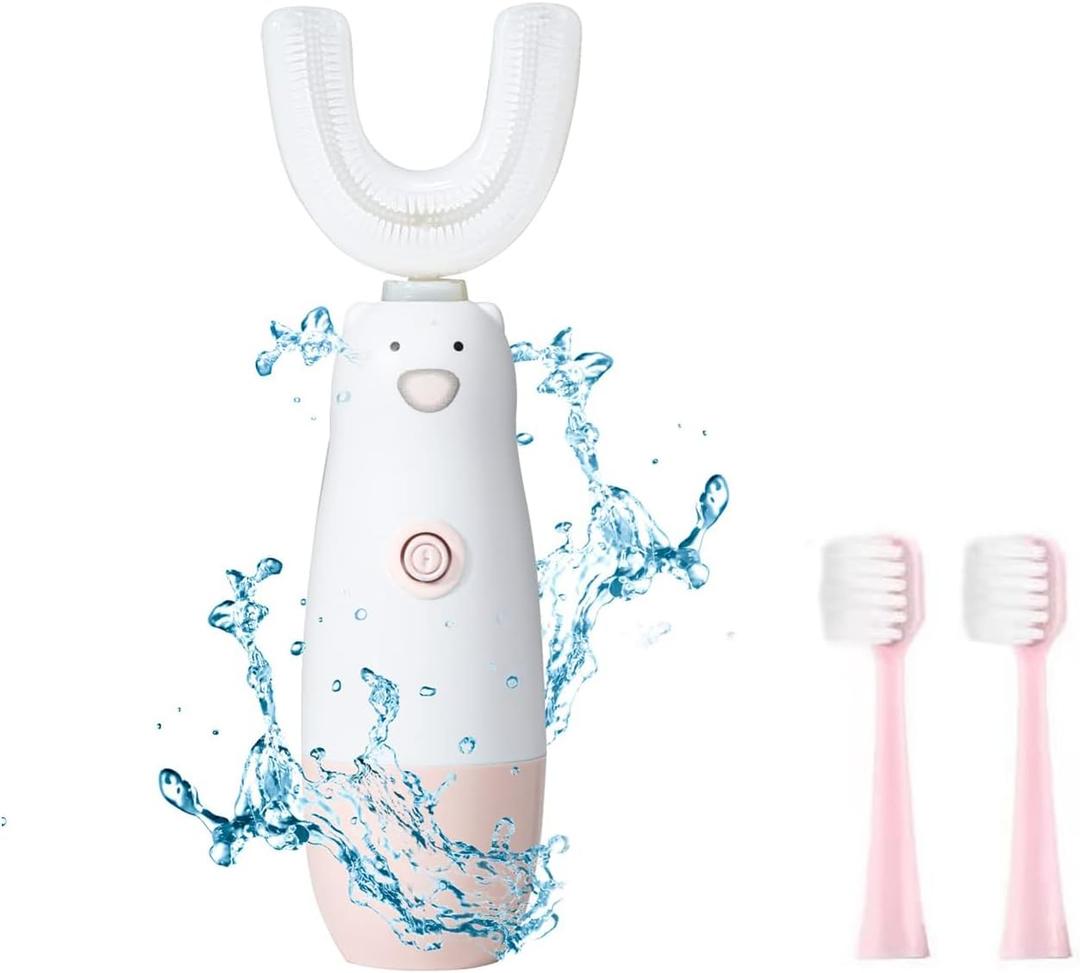 Kids Electric ToothbrushU Shaped Toothbrush Waterproof Battery Powered 360 Automatic Sonic Toddler Toothbrushes for 8-13 Years Old for Boys Girls,with 2 Replacement Brush HeadsPink