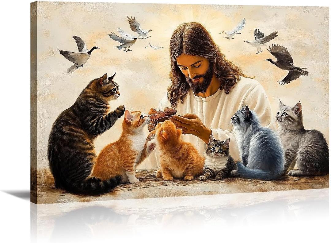 Jesus Canvas Art Christ Wall Decor Framed God Surrounded By Cats Picture Christian Painting Religion Artwork for Living Room Ready to Hang - 16.00"x24.00"