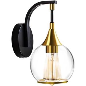 FIYUEOYI 1-Light Wall Sconce Light, Black and Gold Bathroom Vanity Lights Modern Wall Light Fixture with Clear Glass Shade, Wall Lamp for Bathroom Living Room Hallway Bedroom