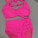 Tempt Me Women Two Piece Vintage Swimsuit Retro Halter Ruched High Waist Bikini with Bottom (Small, Hot Pink)