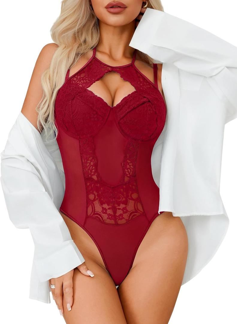 Girece Women Teddy Lingerie Sexy Snap Crotch Lace Bodysuit Halter One Piece Lingerie Top with Underwire Push Up Bra, Medium