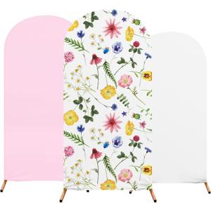 Set of 3 Wildflowers Floral Wedding Arch Backdrop Covers, 4 5 6 ft Baby Shower Theme Birthday Party Decoration Spandex Wedding Arch Stand Covers for Party Birthday