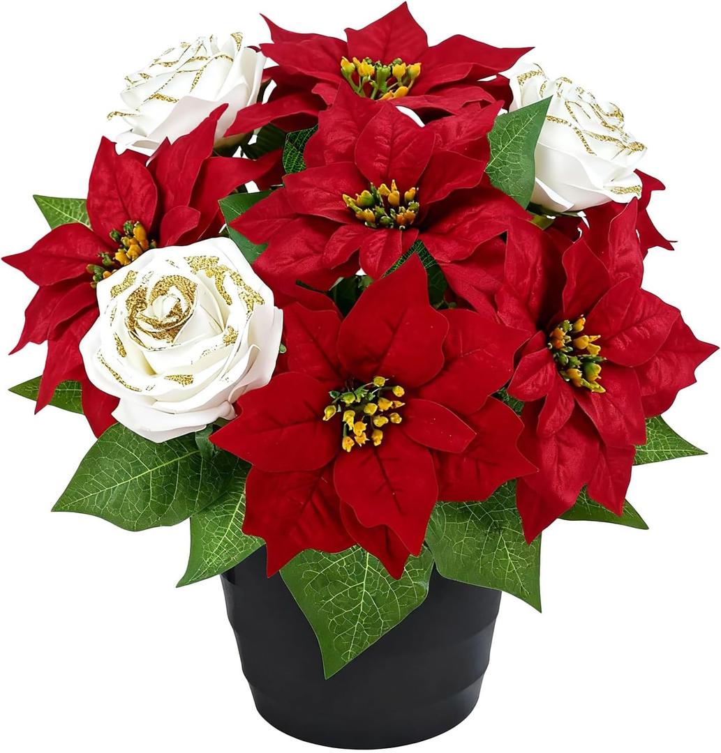HUAESIN 14inch Artificial Poinsettias 9 Heads Faux Poinsettia Potted Mixed White Roses Poinsettias Artificial Christmas Flowers for Office Home Table Centerpiece Outdoor Garden Xmas Decor
