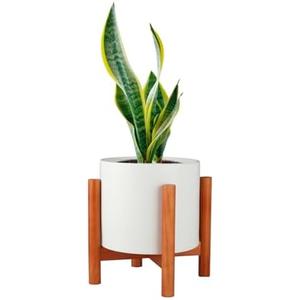 Mozing Ceramic Plant Pots with Stand Indoor - Large Garden Planter Pot with Adjustable Bamboo Plant Stand for 8, 10 inch Flower Pots, Home & Office Decor, White