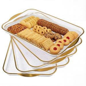Ferrochef 6 Pack Clear Serving Platters with Handles 14.8 x 9.4 Inch Large Party Plastic Serving Trays with Gold Rim Reusable for Food, Cookie, Cake, Turkey, Cheese, Fruit, Appetizer
