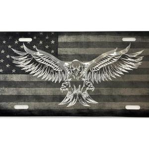 Combo Laser Diamond Etched Engraved US American Flag Eagle Car Tag License Plate