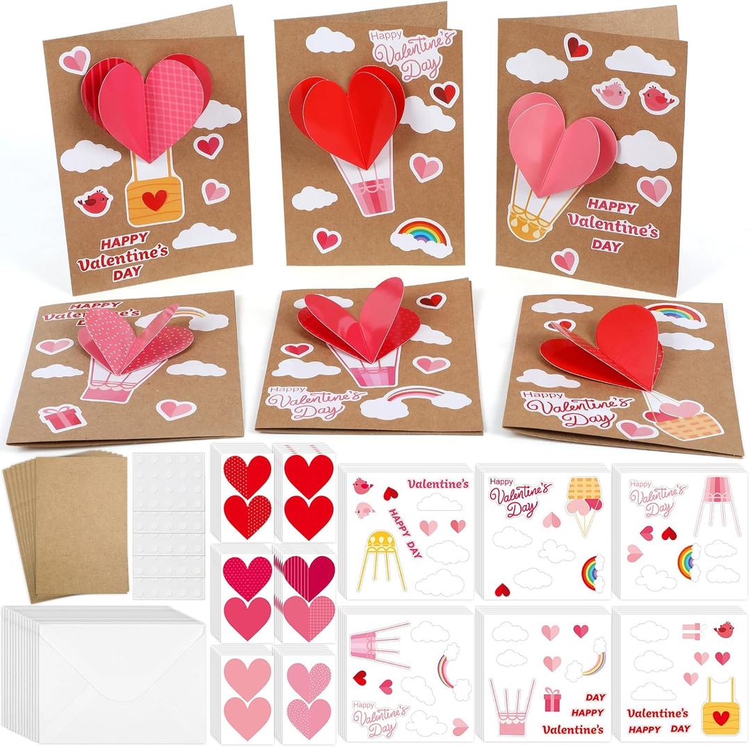 Justforjoyful 24 Pack Valentine's Day DIY Card Making Kit for Kids 3D Heart Hot Air Balloon Greeting Cards with Envelope Sticker Valentines Craft Supplies Valentine Party Favor Classroom Exchange Gift
