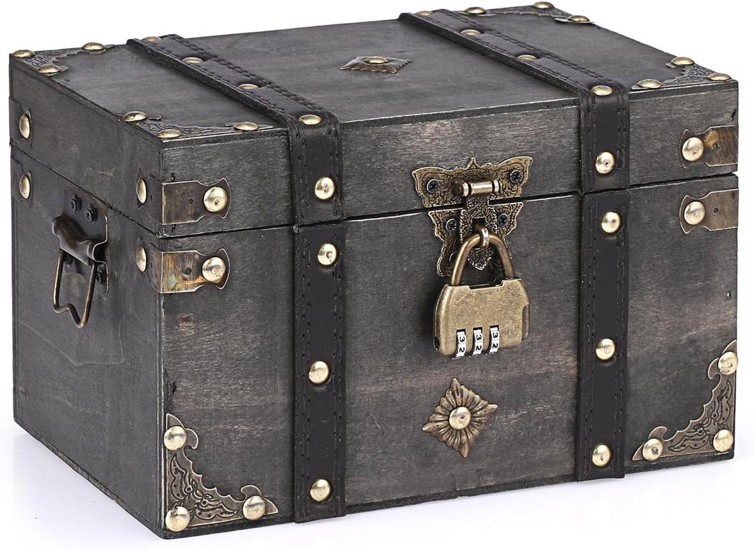 ELLDOO Wooden Treasure Chest with Lock, Vintage Pirate Chest Keepsakes Box for Kids Gifts, Handmade Treasure Storage Decorative Box for Jewelry Coins Collectibles, Medium