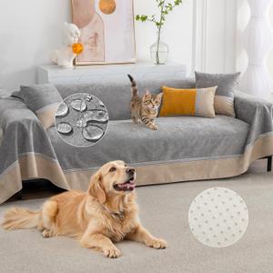 100% Waterproof Sofa Cover for Pets Dogs Non-Slip Leakproof Couch Cover Anti Cat Scratch Slipcover for 3 Cushion Sectional L Shaped Sofa Furniture Protector, Gray 79" x 134"