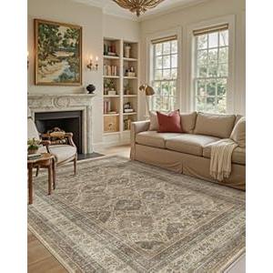 Color&Geometry 8x10 Machine Washable Low Pile Area Rugs for Living Room, Thin Soft Vintage - Ogee Lattice Area Carpet with Non Slip TPE Backing for Bedroom, Dining Room, Beige and Brown