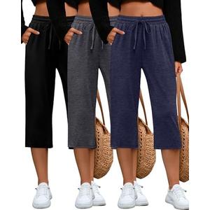 Huukeay 2 Pack Women's Capri Pants, Drawstring Lounge Capris Wide Leg Cropped Pants with Pockets Workout Yoga Joggers,M