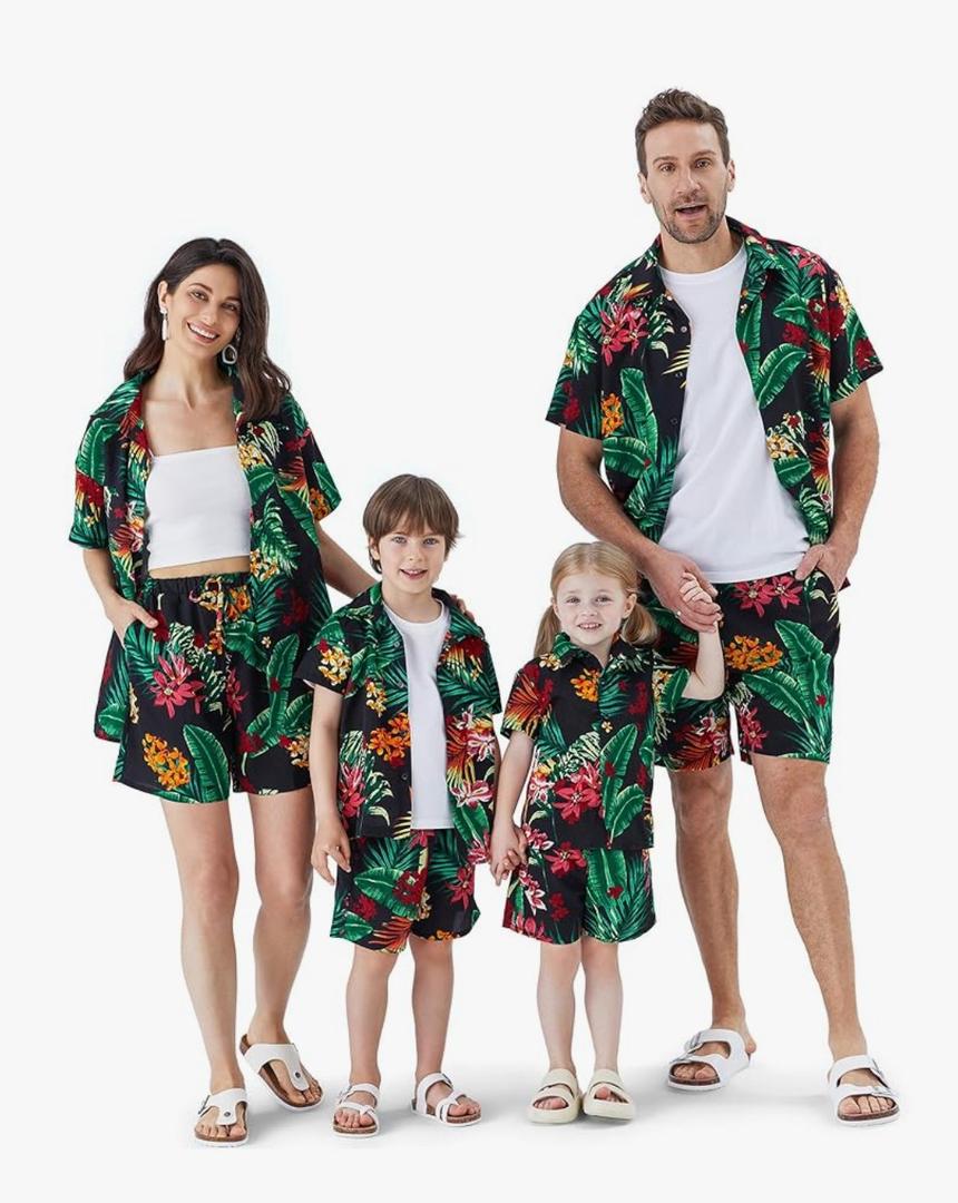 PATPAT Family Matching Outfits Hawaiian Dad and Me Beach Tropical Plant Allover Flower Print Shirt and Shorts Set Women, Classic Black,  XL