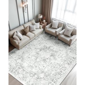 Area Rugs 8'x10' Washable Non-Slip, Floral Vintage Distress Print Pattern Medallion Carpet for Living Room Bedroom Dining Room, White Gray, Light Grey (8x10)