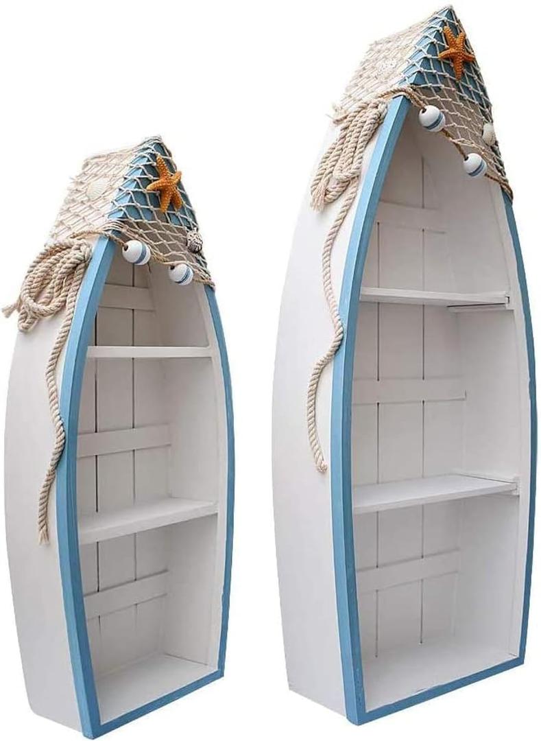 Linfevisi Wood Boat Shelf Decor Beach Theme Standing Boat Shelf Wooden Boat Decor Boat Book Shelf Nautical Decor Standing Boat Display with Net Starfish Seashell Accent Home Decor for Bathroom 2 Pack