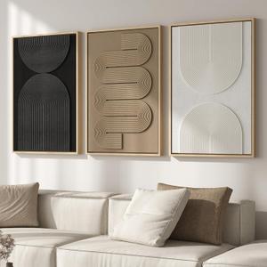 Large 3D Textured Framed Neutral Abstract Wall Art for Living Room, 3 Piece Modern Geometric Paintings Wall Decor, Black White Brown Minimalist Artwork for Dining Room Bedroom Hallway Office, 24x36 In