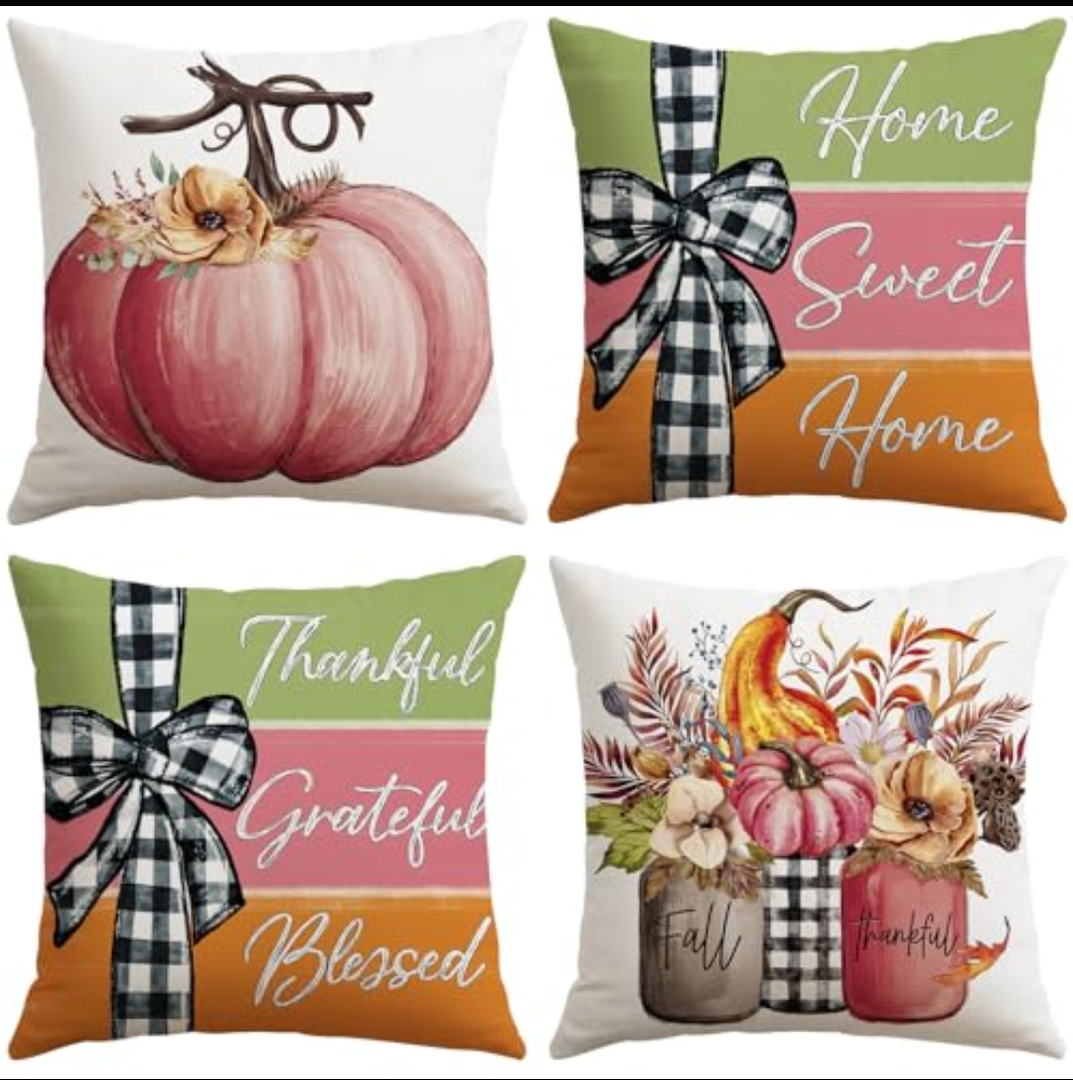 Pack Of 2 Artscope Fall Decorative Throw Pillow Covers 18x18 Inch Set of 4 Fall Gifts for Home Decor, Autumn Pumpkin Sweet Home Thankful Grateful Blessed Outdoor Farmhouse Pillow Cases for Sofa Couch-Pink