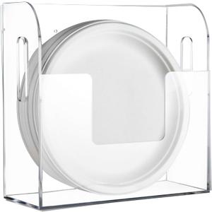 Acrylic Paper Plate Dispenser Wall Mounted, Paper Plate Organizer in Cabinet, Disposable Plate Storage Holder for Kitchen Countertop or Outdoor Picnics Party, Provide Adhesive Strip & Mounting Screws