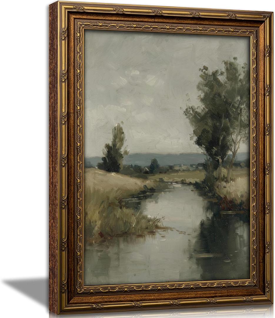 KKP Vintage Gold Framed River Wall Art, Retro Rural River Canvas Print, Mood Landscape Painting Picture, Rustic Lake Home Wall Decor for Living Room Bedroom Hallway Study Home Decoration 16x24 Inch