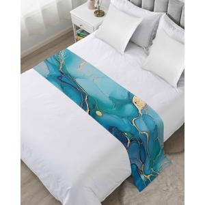 Modern Turquoise Bed Runner Scarf Cal King Size, Abstract Teal Gold Marble Textured Luxury Bed Throw Runners & Scarves for Twin Full Queen King Foot of Bed, Bedroom Hotel Decoration, 102"x20"