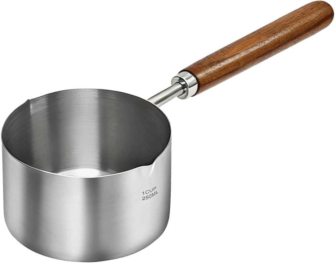 250ml Premium Stainless Steel Soup Pot with Pour Spout and Wood Handle - Ideal for Breakfast, Sauces, Milk, Butter and Chocolate Melting
