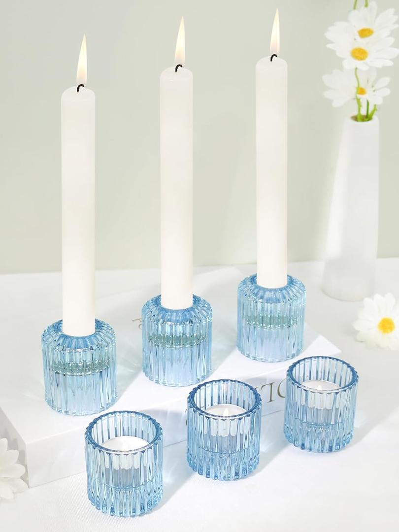 Reversible Blue Glass Candle Holder Set of 6, Thick Heat-Resistant Glass Candlestick Holders for Taper, Tealight, Votive, LED Candles, Perfect for Wedding, Party, Home Dcor