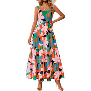 PRETTYGARDEN Women's Summer Floral Maxi Dress Sleeveless Smocked Ruffle Long Flowy Beach Vacation Boho Sundresses (Floral Orange Pink)