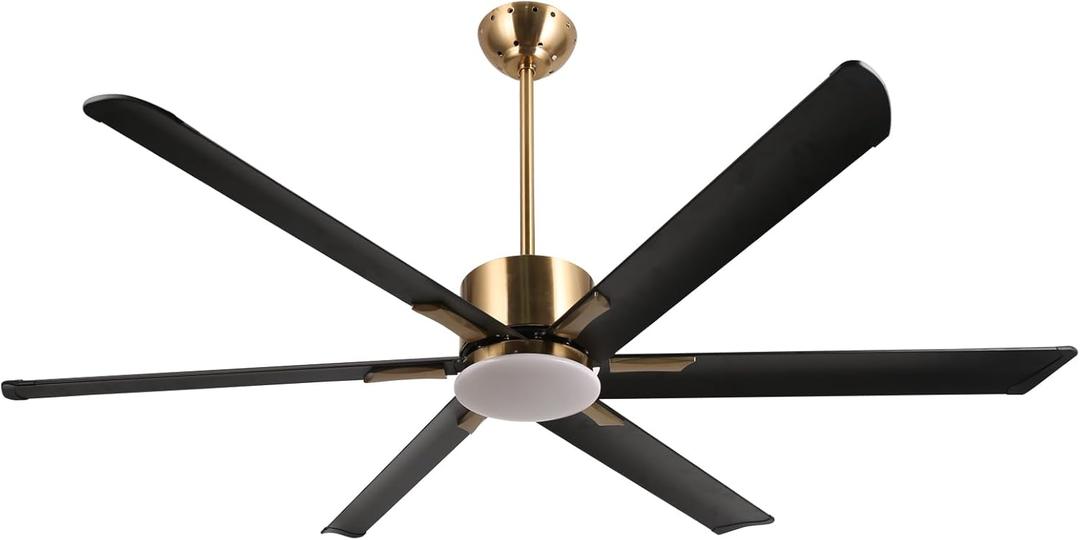 reiga 72" Indoor Outdoor Black Gold 6 Aluminum Metal Blades Extra Large Modern DC Ceiling Fan with Dimming LED Light Kit, 6 Speeds, Timer, Reversible Airflow Motor for Garage, Patio, Living Room