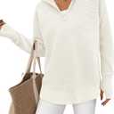 PRETTYGARDEN Womens Long Sleeve Quarter Zip Pullover Sweater Casual Loose V Neck Collared Ribbed Knit Jumper Tops Thumb Hole (Medium, White)