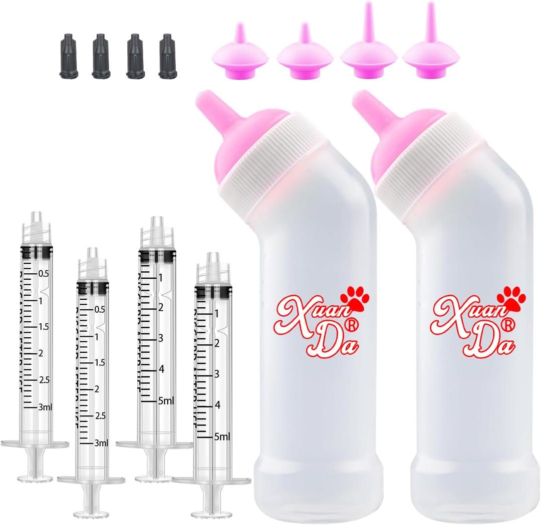 Kitten Nursing Nipple with Syringe, Wide Mouth Angled Puppy Feeding Bottles, with Ventilation Valve Resistant Tearing for Puppies, Kittens, Rabbit, Small Wildlife (L Nipple,Pink)