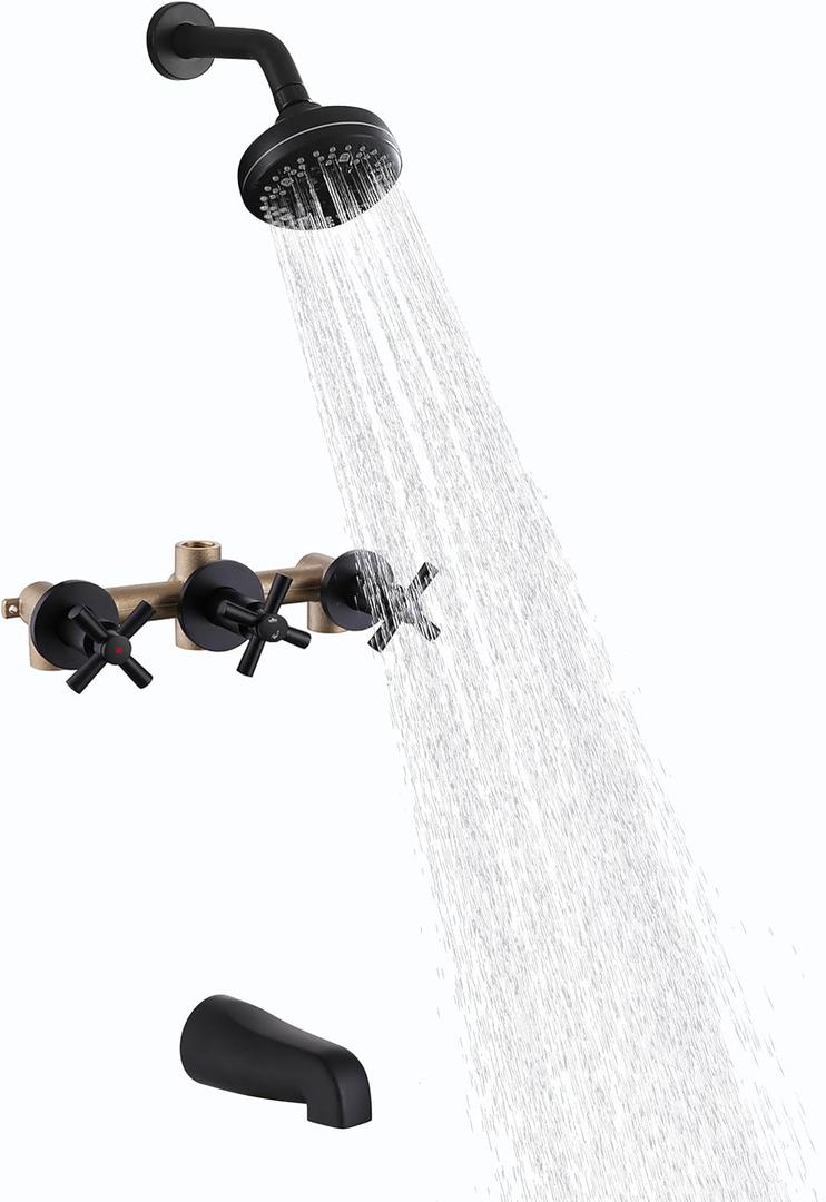 3 Handle Tub Shower Faucet Set Matte Black Tub and Shower Trim Kit with Rough-in Valve Bathtub Shower Faucet Set with Tub Spout Wall Mounted