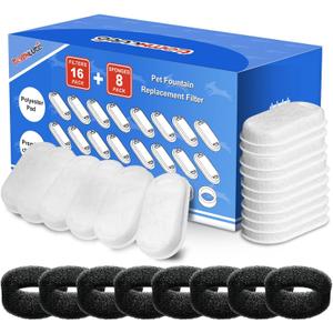 Official Tomxcute Cat Water Fountain Replacement Filters - 16 Pack Cat Fountain Filter for 3.2L/108oz & 4L/135oz Pet Water Fountain, Three-Layer Filtration Replacement Filters(16+8 Pack), 8 Month Set