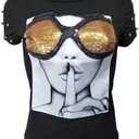 PESION Womens Short Sleeve T-Shirt Sequined Tops O-Neck Funny Graphic Tees Blouse (Small, Black1)